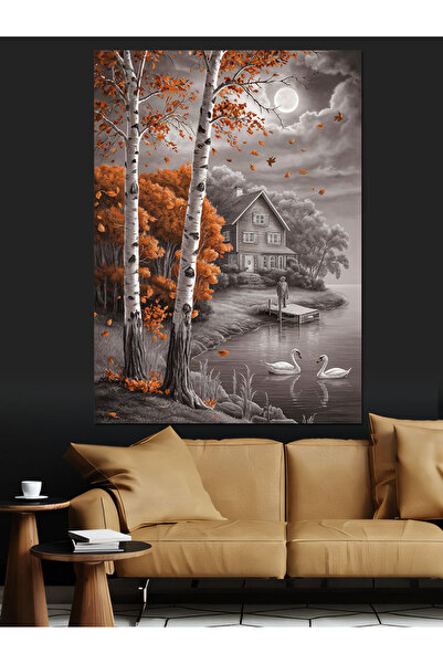 KanvasSepeti Casă pe malul lacului Pictură în ulei decorativă Pânză texturată...