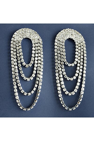 mos&more Beyaz Taşlı Işıltılı Kadın Abiye Küpe, Püskül Küpe, Suyolu