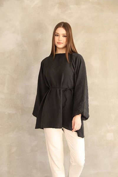 DESTİNA Women's Sleeves Balloon Detailed Belted Modal Fabric Tunic