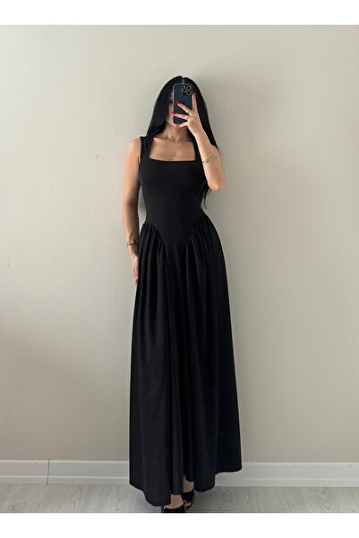 OKSOCOLLECTİON Bel Detaylı Kare Yaka Askılı Uzun Elbise