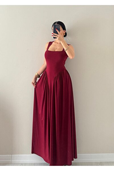 OKSOCOLLECTİON Bel Detaylı Kare Yaka Askılı Uzun Elbise