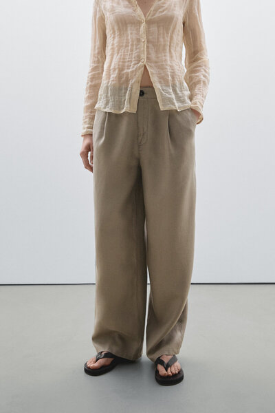 Massimo Dutti %100 keten geniş paça orta bel pantolon