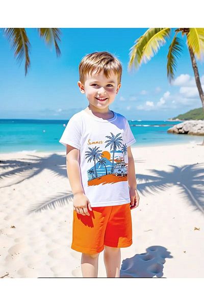 vinraus Set de tricou și pantaloni scurți cu imprimeu pentru mașină de vară alb-portocaliu pentru fată/băiat