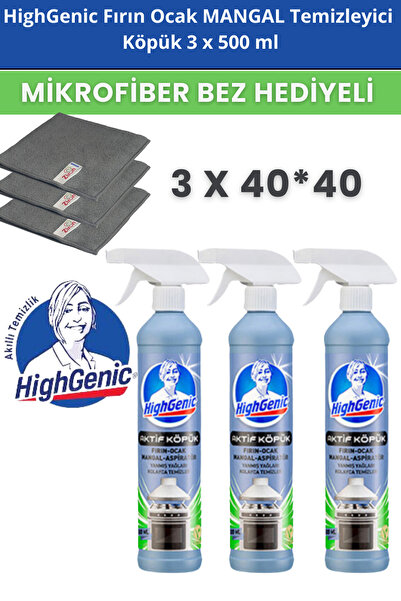 Highgenic Fırın Ocak Mangal Temizleyici Köpük 3 X 500 ml + 3 Mikrofiber Bez