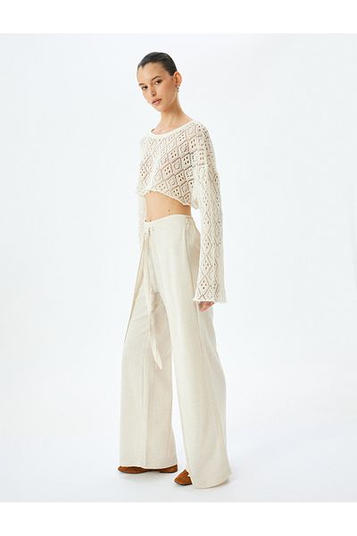 Koton New Season High Waist Double Breasted Detailed Linen Blend Trousers