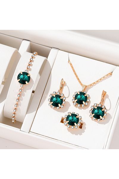 Choice golden 5 Piece Set Women Fashionable Temperament Circular Green Crystal Necklace Bracelet Earring Ri