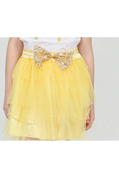Çello mello Kız Çocuk Beli Lastikli İnci Detaylı Fiyonklu Tül Kloş Tütü Etek 23 Nisan 29 Ekim 10 Kasım Gösteri