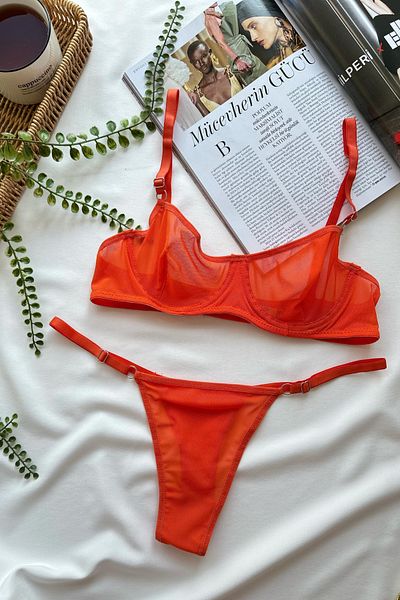 Rubuvi Lora Women's Orange Capless Underwire Tulle Bralet Dowry Underwear Bra Set Lingerie Set