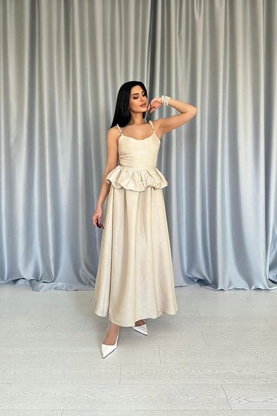 İpeksi Beige Waist Gathered Pearl Strap Long Dress