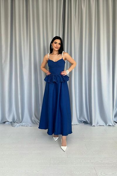 MODAVERA Navy Blue Gathered Waist Pearl Strap Long Dress