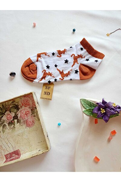 ENEFENDİ 3 чифта памучни чорапи, без шев на пръстите, къс маншет, дамски чорапи с шарки, размер 36-40, кремаво-бял цвят