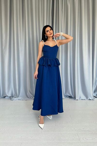 MODAVERA Navy Blue Gathered Waist Pearl Strap Long Dress