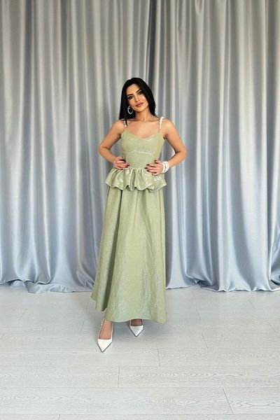 İpeksi Green Gathered Waist Pearl Strap Long Dress
