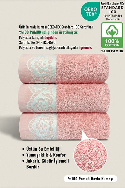 Ellaline Milano 3-Piece Hand Towel Set 100% Cotton Certified, Hand Face Kitchen Towel Jacquard Guipure 50X90Cm Pink