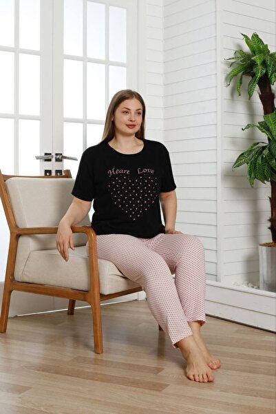 shopshop Women's Black Oversize Large Size Heart Patterned Short Sleeve Thin Summer Pajama Set