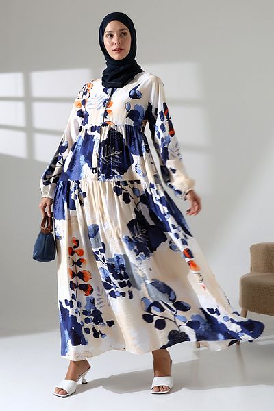 Mihran Butik Γυναικείο φόρεμα Modal υφαντό με μπλε μουσουλμανικό σχέδιο