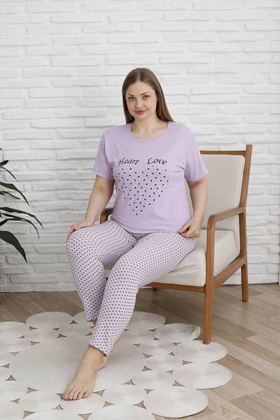 shopshop Women's Lilac Oversize Large Size Patterned Short Sleeve Thin Summer Pajama Set