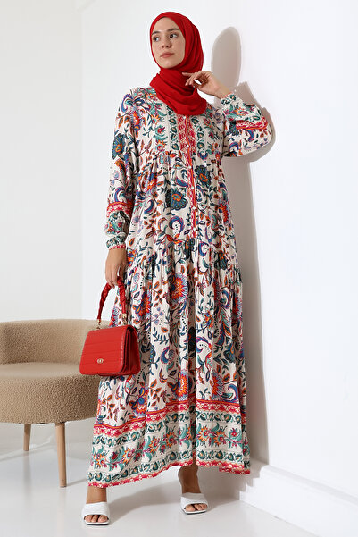 Mihran Butik Women's 100% Viscose Patterned Red Hijab Dress