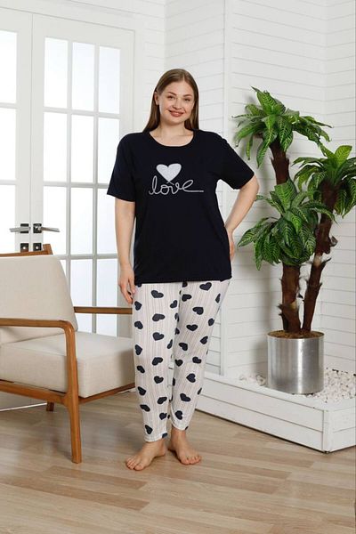 shopshop Women's Navy Blue Oversize Large Size Heart Patterned Short Sleeve Thin Summer Pajama Set