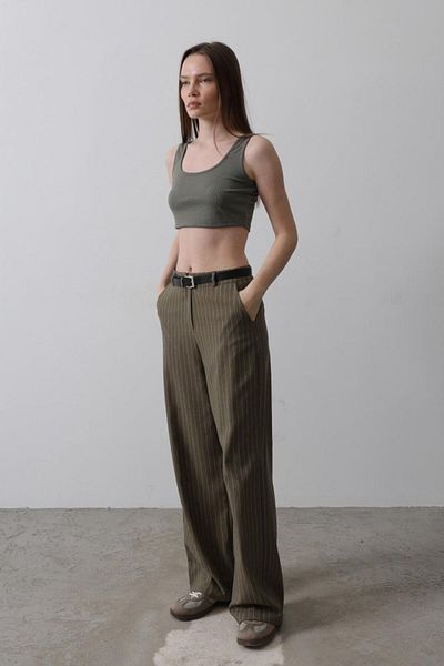 MRA Fashion Belted Palazzo Trousers - Khaki-White