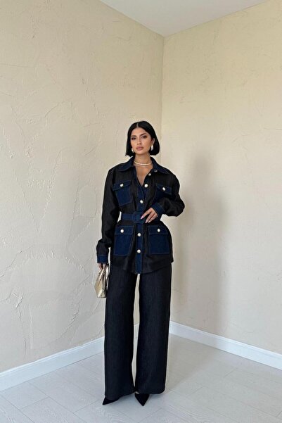 DRESSIFY WOMEN’S FASHION Black Garnished Pocket Shirt and Trouser Set