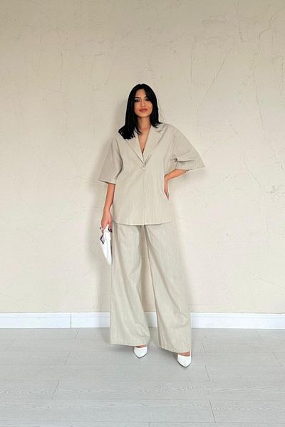 COTTONLAB Beige Front Single Button Jacket Pants Set