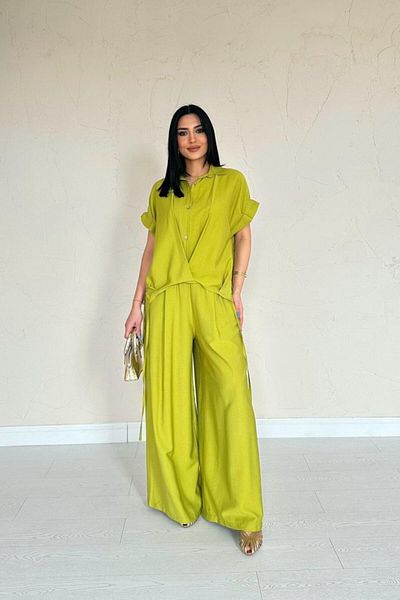 TUA MODA Tua Moda Oil Green Front Pleated Double Linen Suit