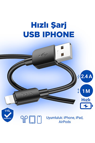 Hoco X96 Hyper 2.4a Iphone Uyumlu Lightning To Usb Hızlı Şarj Veri Kablosu Siyah 1 Metre