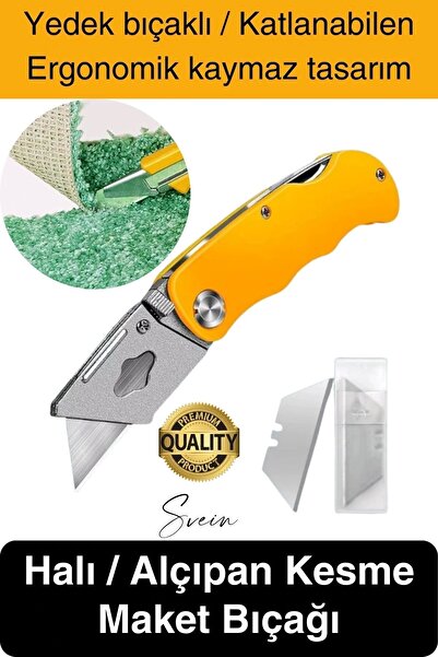 Svein Premium Katlanır Dayanıklı Halı Maket Bıçağı Alçıpan Kesme Falçata Yede...