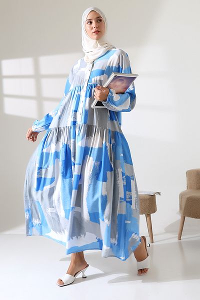 Mihran Butik Γυναικείο φόρεμα Modal υφαντό με μπλε μουσουλμανικό σχέδιο