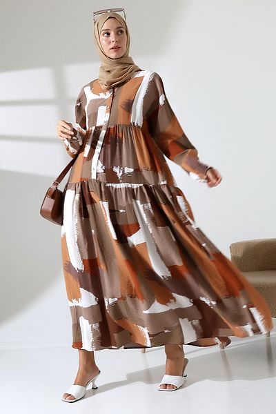 Mihran Butik Γυναικείο φόρεμα με μοτίβο καφέ υφαντό Modal