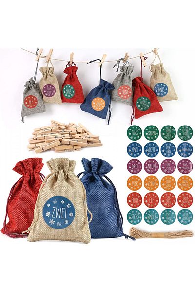 VGOODALL Set of 24 bags, 24 clips and 24 stickers for the VGOODALL advent calendar, wood/textile/PVC