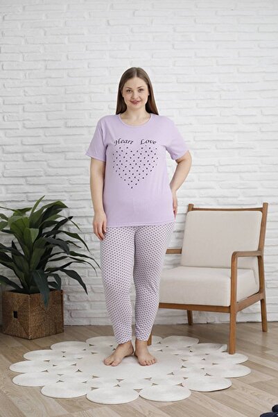 shopshop Women's Lilac Oversize Large Size Patterned Short Sleeve Thin Summer Pajama Set