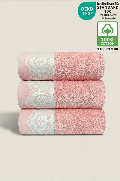 Ellaline Milano 3-Piece Hand Towel Set 100% Cotton Certified, Hand Face Kitchen Towel Jacquard Guipure 50X90Cm Pink
