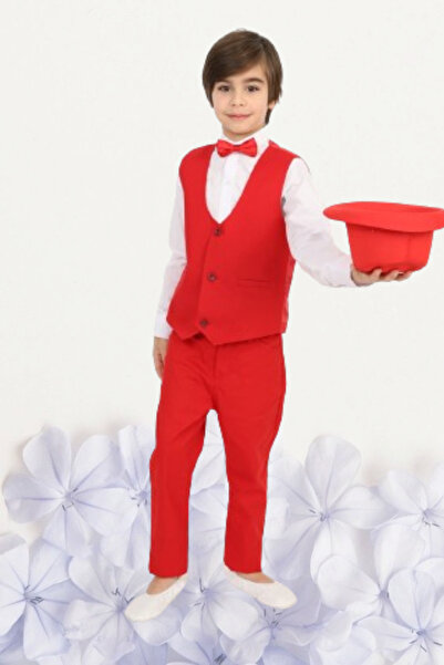 Nacar Erkek Çocuk 23 Nisan Gösteri Kıyafeti Pantolon Yelek Uzun Kol Gömlek Papyon Kırmızı Takım R24
