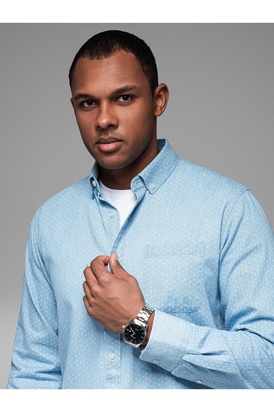OMBRE Gemustertes dünnes Herren-Jeanshemd mit Tasche - hellblau V1 OM-SHDS-0179 M