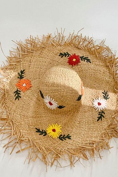 FASHION COCKTAIL Floral Embroidered Edges Tasseled Natural Summer Sunshade Straw Women's Hat