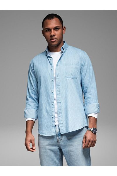OMBRE Gemustertes dünnes Herren-Jeanshemd mit Tasche - hellblau V1 OM-SHDS-0179 M