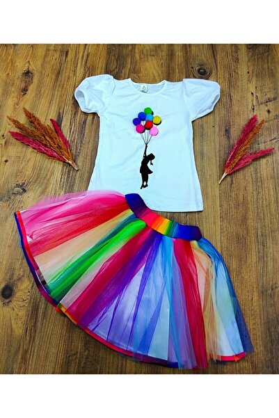 YCN TEKSTİL Girl's Tshirt Skirt Show Outfit Celebration Rainbow