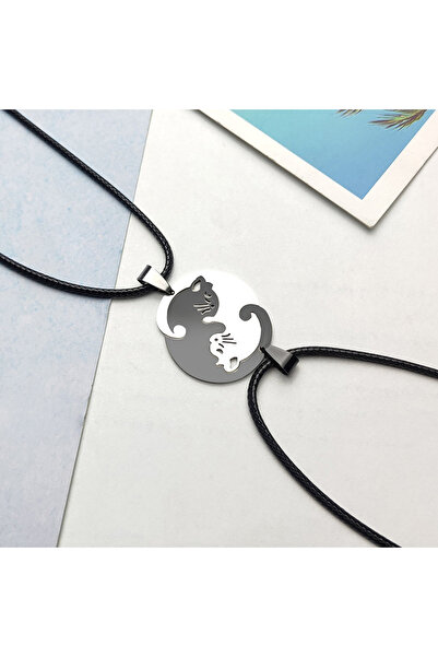 Choice قلادات دائرية من الفولاذ المقاوم للصدأ باللون الأسود على شكل قلب حب مستدير من نوع يين ويانغ على شكل قطة لطيفة على شكل عناق للزوجين