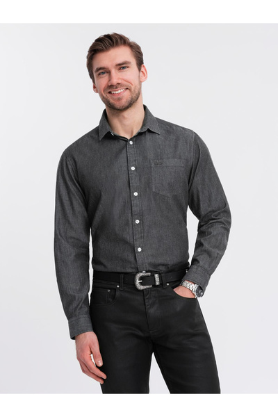 OMBRE Herren-Jeanshemd mit bestickter Tasche - Schwarz OM-SHDS-0181