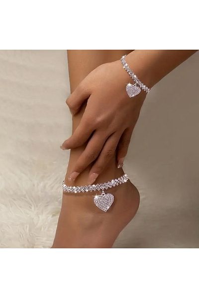 Choice AY6096402 2 Pcs Fashion Silver Color Rhinestone Heart Pendant Anklet for Women Ins Bling Love Foot A