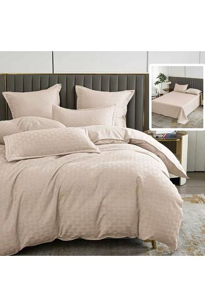 Pucioasa Double bed linen, plain geometric, 6 pieces, polycotton, Beige