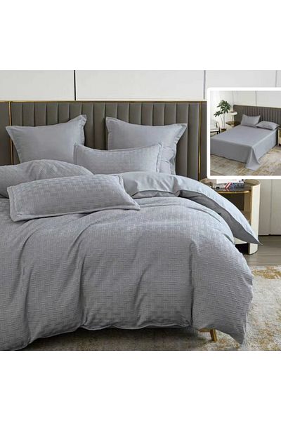 Pucioasa Double bed linen, plain geometric, 6 pieces, polycotton, Grey
