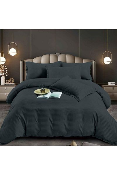 Pucioasa Double bed linen in polycotton damask, elasticated cover, 6 pieces, black