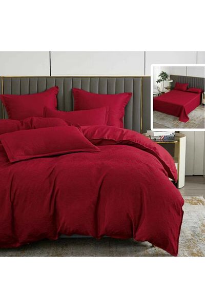Pucioasa Double bed linen natural plain baroque 6 pieces, polycotton, Red