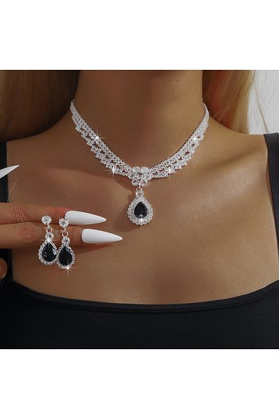 Choice 808347-Black 3PC Women's Fashion Copper Claw Chain Temperament Water Drop Necklace Earrings Jewelry