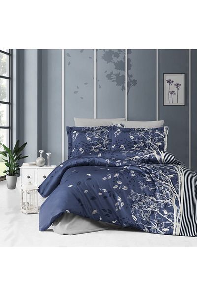 First Choice Luxury cotton satin bed linen 6 pieces, nature and lines print, First Choice, Living Blue