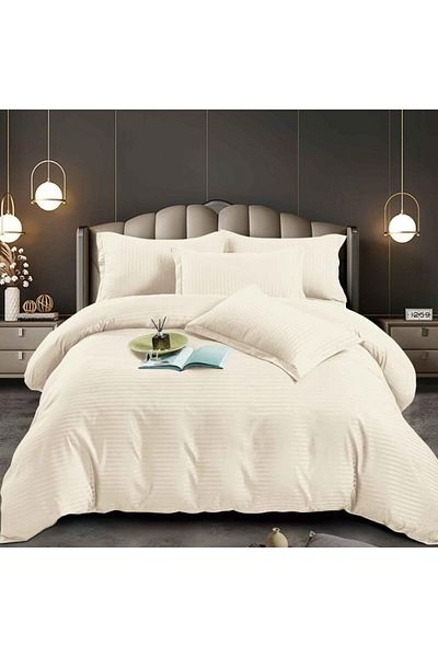 Pucioasa Double bed linen in polycotton damask, elasticated cover, 6 pieces, cream