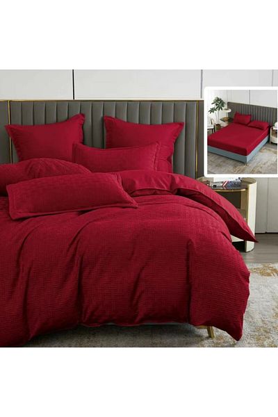 Pucioasa Double bed linen, plain, with elastic, 6 pieces, polycotton, Red